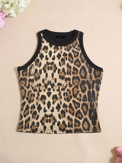 Sequin Leopard Color-Block Sleeveless Top