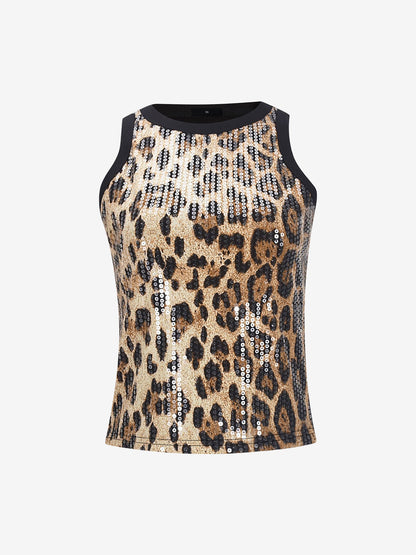 Sequin Leopard Color-Block Sleeveless Top