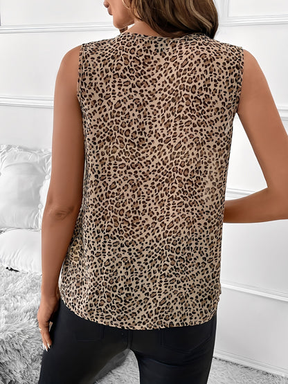 Ruffled V Neck Leopard Print Sleeveless Blouse