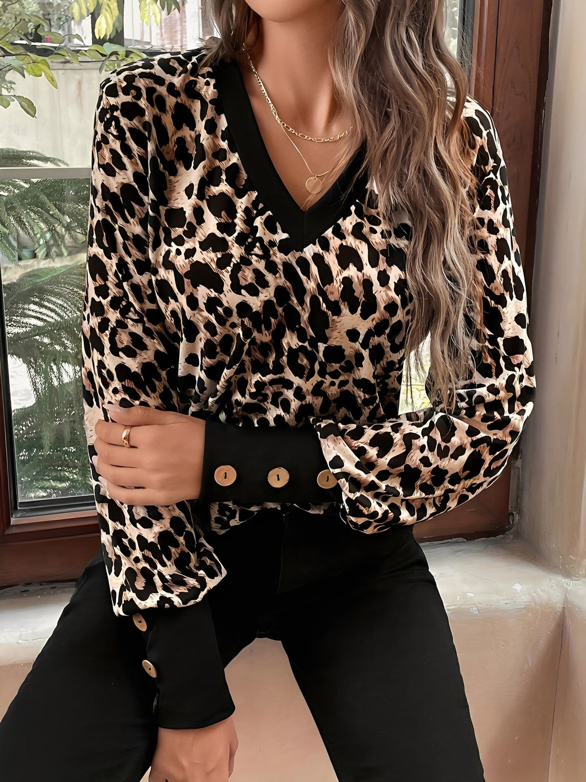 Leopard Print Bishop Sleeve V Neck Blouse