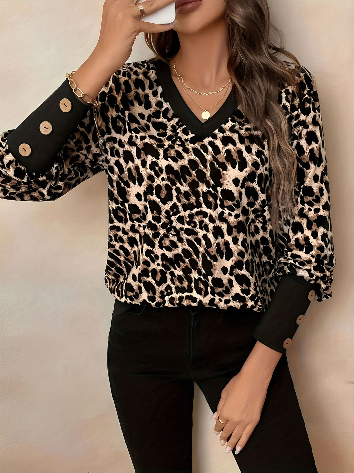 Leopard Print Bishop Sleeve V Neck Blouse