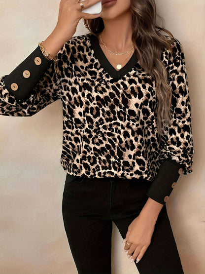 Leopard Print Bishop Sleeve V Neck Blouse