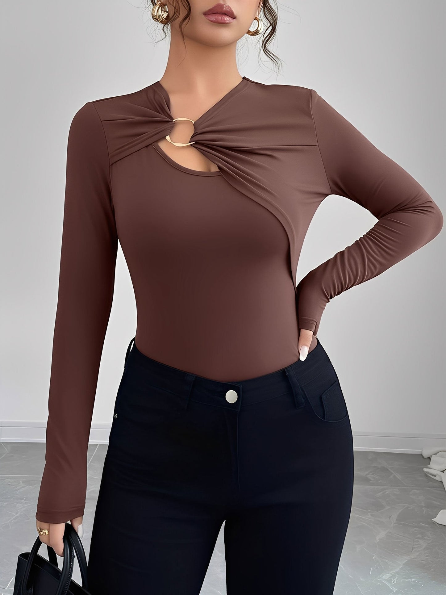 Asymmetrical Keyhole Metal-Embellished Leopard Long Sleeves Blouse