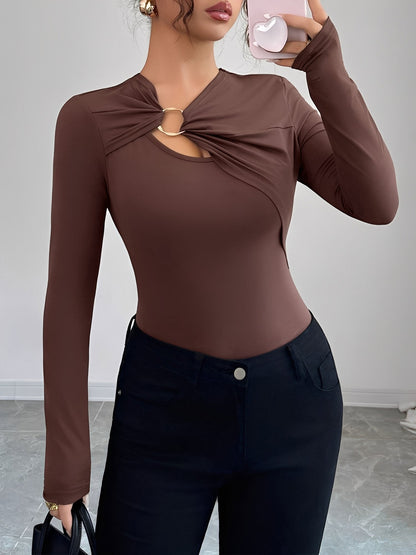 Asymmetrical Keyhole Metal-Embellished Leopard Long Sleeves Blouse