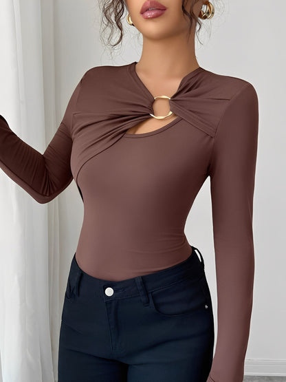 Asymmetrical Keyhole Metal-Embellished Leopard Long Sleeves Blouse