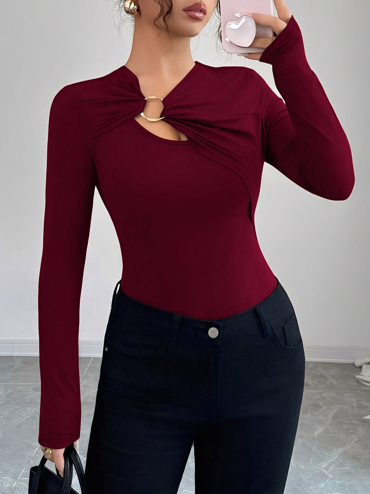 Asymmetrical Keyhole Metal-Embellished Leopard Long Sleeves Blouse