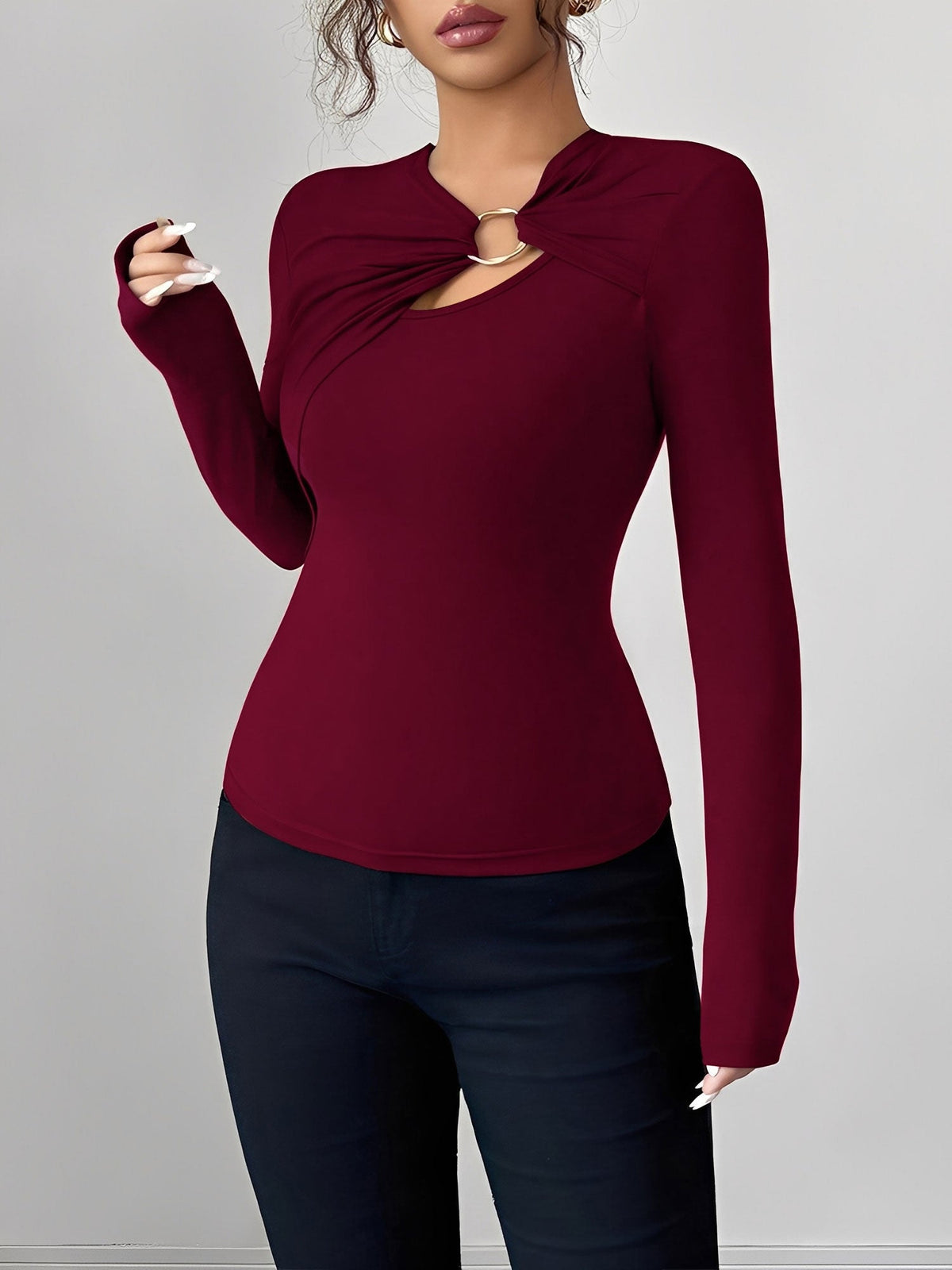 Asymmetrical Keyhole Metal-Embellished Leopard Long Sleeves Blouse