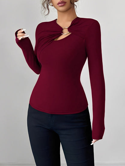 Asymmetrical Keyhole Metal-Embellished Leopard Long Sleeves Blouse