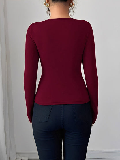 Asymmetrical Keyhole Metal-Embellished Leopard Long Sleeves Blouse