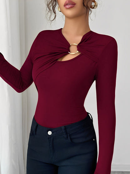 Asymmetrical Keyhole Metal-Embellished Leopard Long Sleeves Blouse