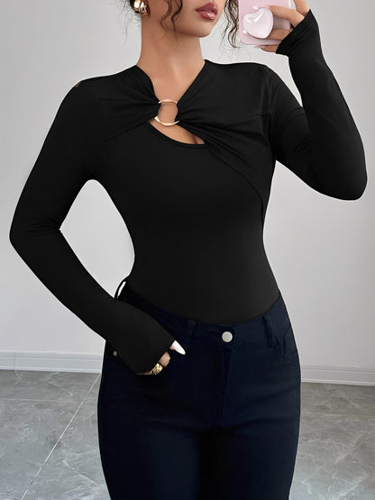 Asymmetrical Keyhole Metal-Embellished Leopard Long Sleeves Blouse