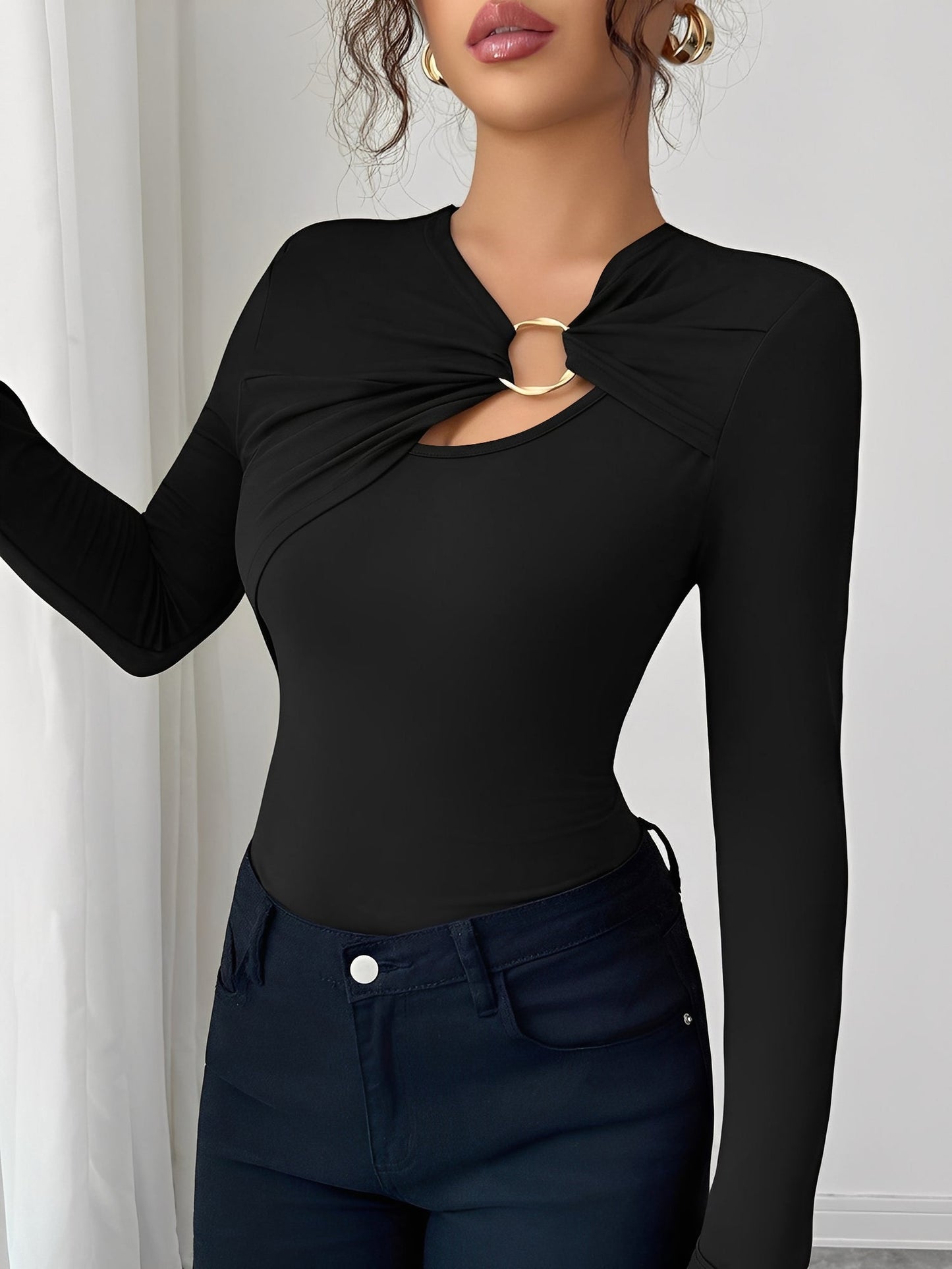Asymmetrical Keyhole Metal-Embellished Leopard Long Sleeves Blouse