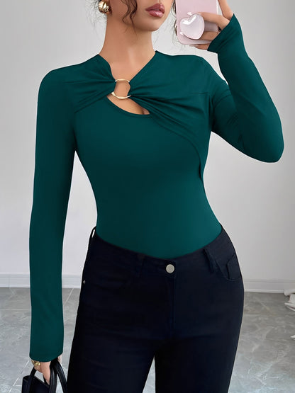 Asymmetrical Keyhole Metal-Embellished Leopard Long Sleeves Blouse