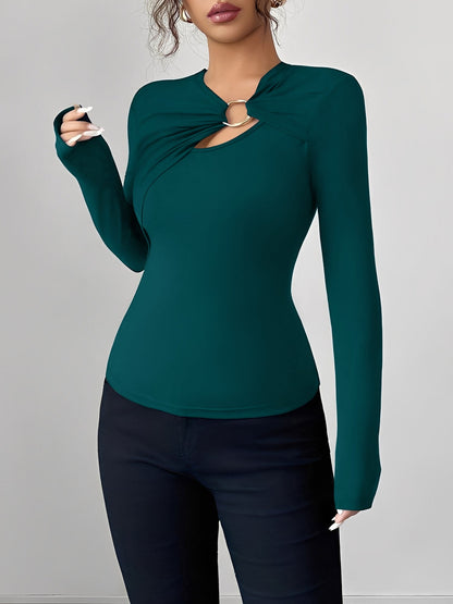 Asymmetrical Keyhole Metal-Embellished Leopard Long Sleeves Blouse