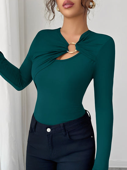Asymmetrical Keyhole Metal-Embellished Leopard Long Sleeves Blouse