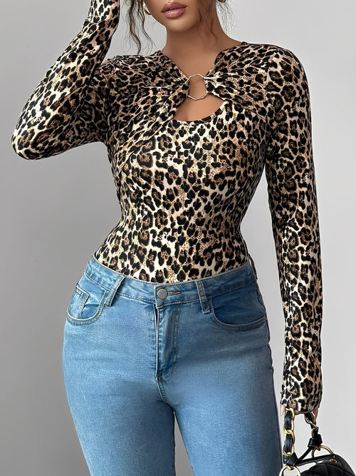 Asymmetrical Keyhole Metal-Embellished Leopard Long Sleeves Blouse
