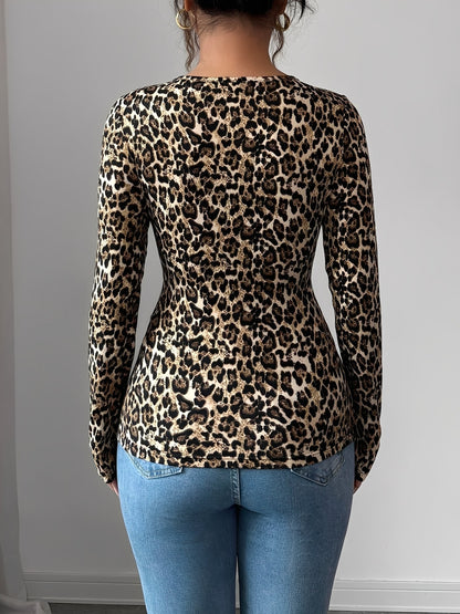 Asymmetrical Keyhole Metal-Embellished Leopard Long Sleeves Blouse