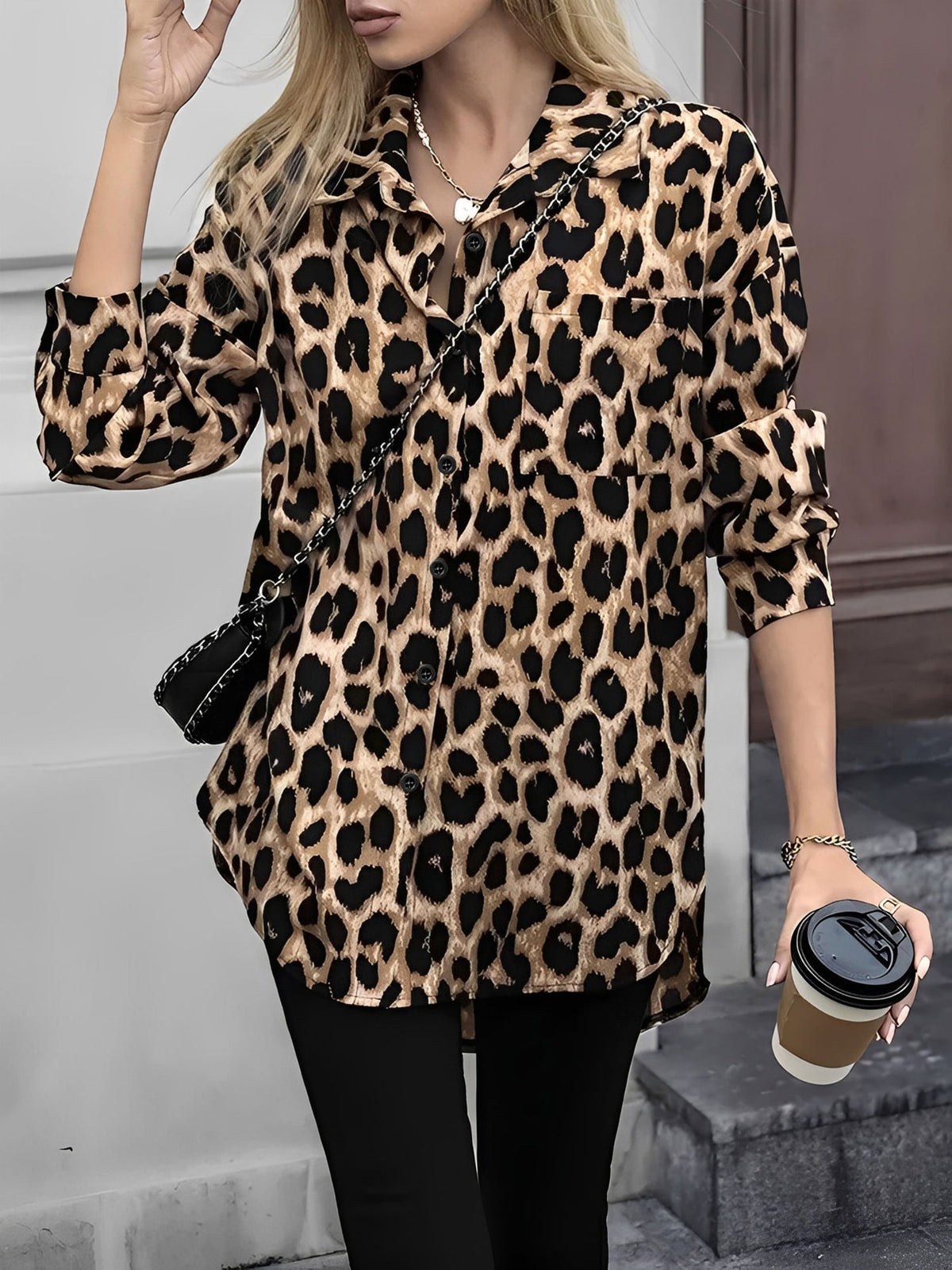 Satin Leopard Printed Long Sleeve Lace-Up Shirt