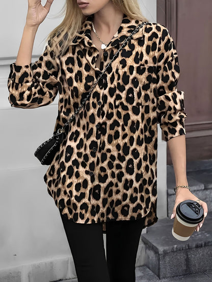 Satin Leopard Printed Long Sleeve Lace-Up Shirt