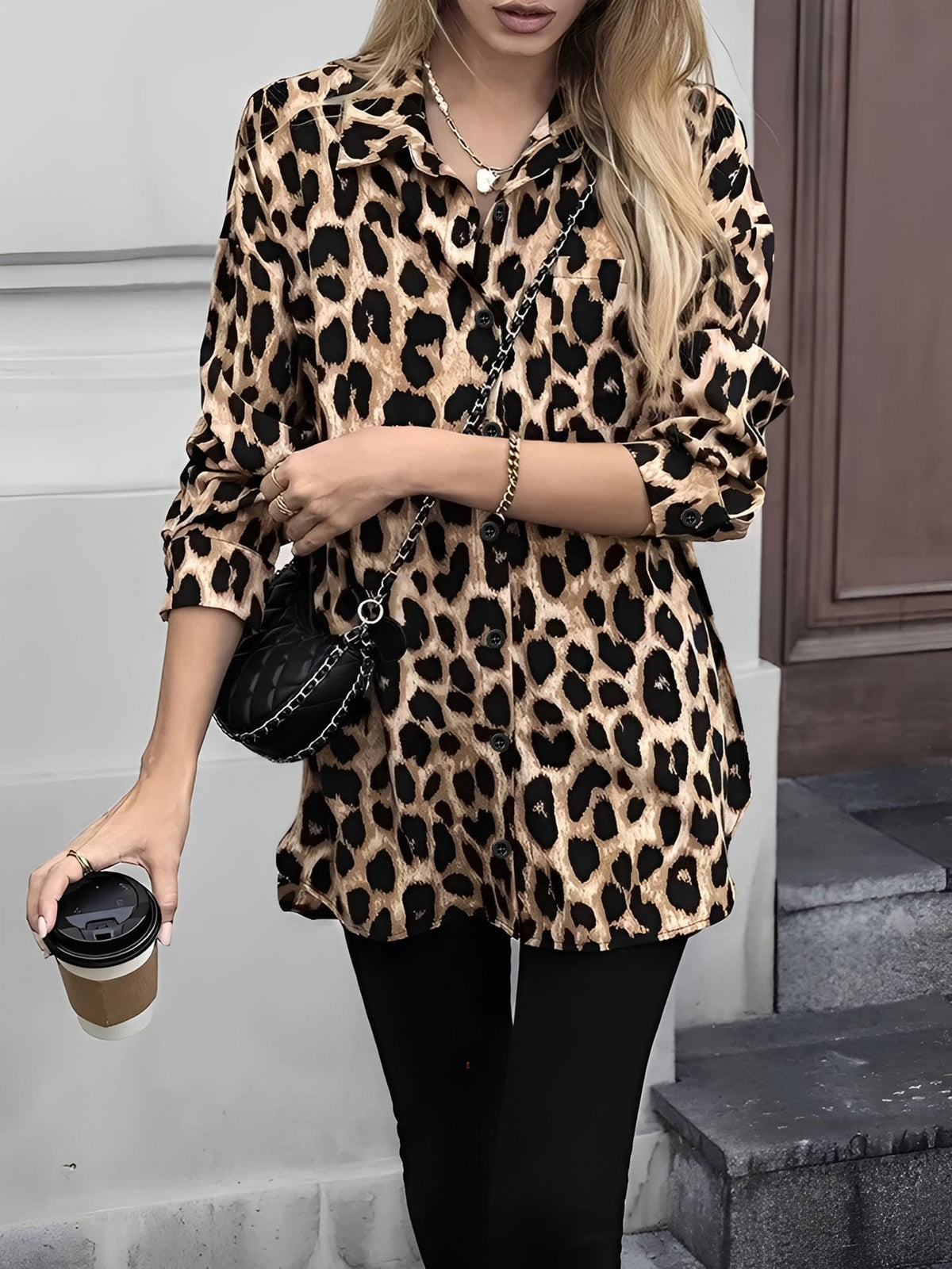 Satin Leopard Printed Long Sleeve Lace-Up Shirt