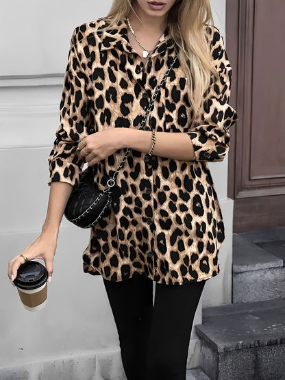 Satin Leopard Printed Long Sleeve Lace-Up Shirt