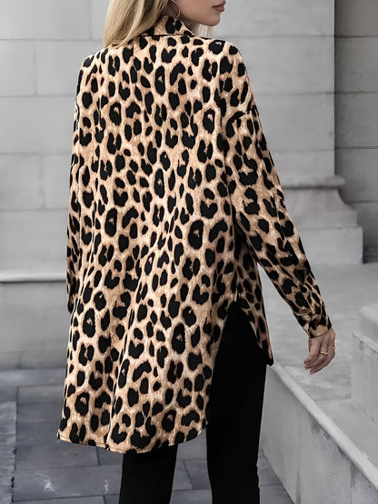 Satin Leopard Printed Long Sleeve Lace-Up Shirt