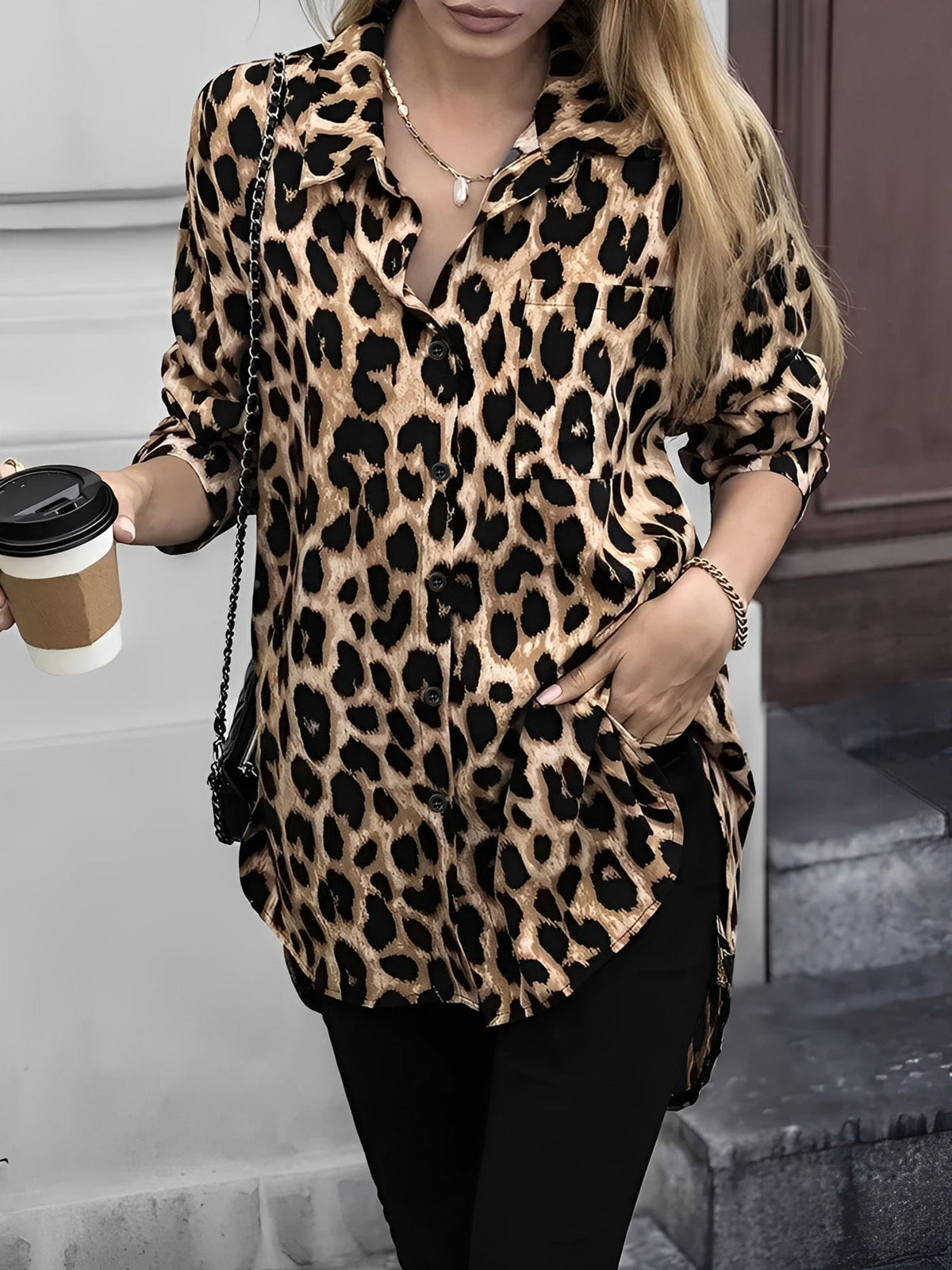 Satin Leopard Printed Long Sleeve Lace-Up Shirt