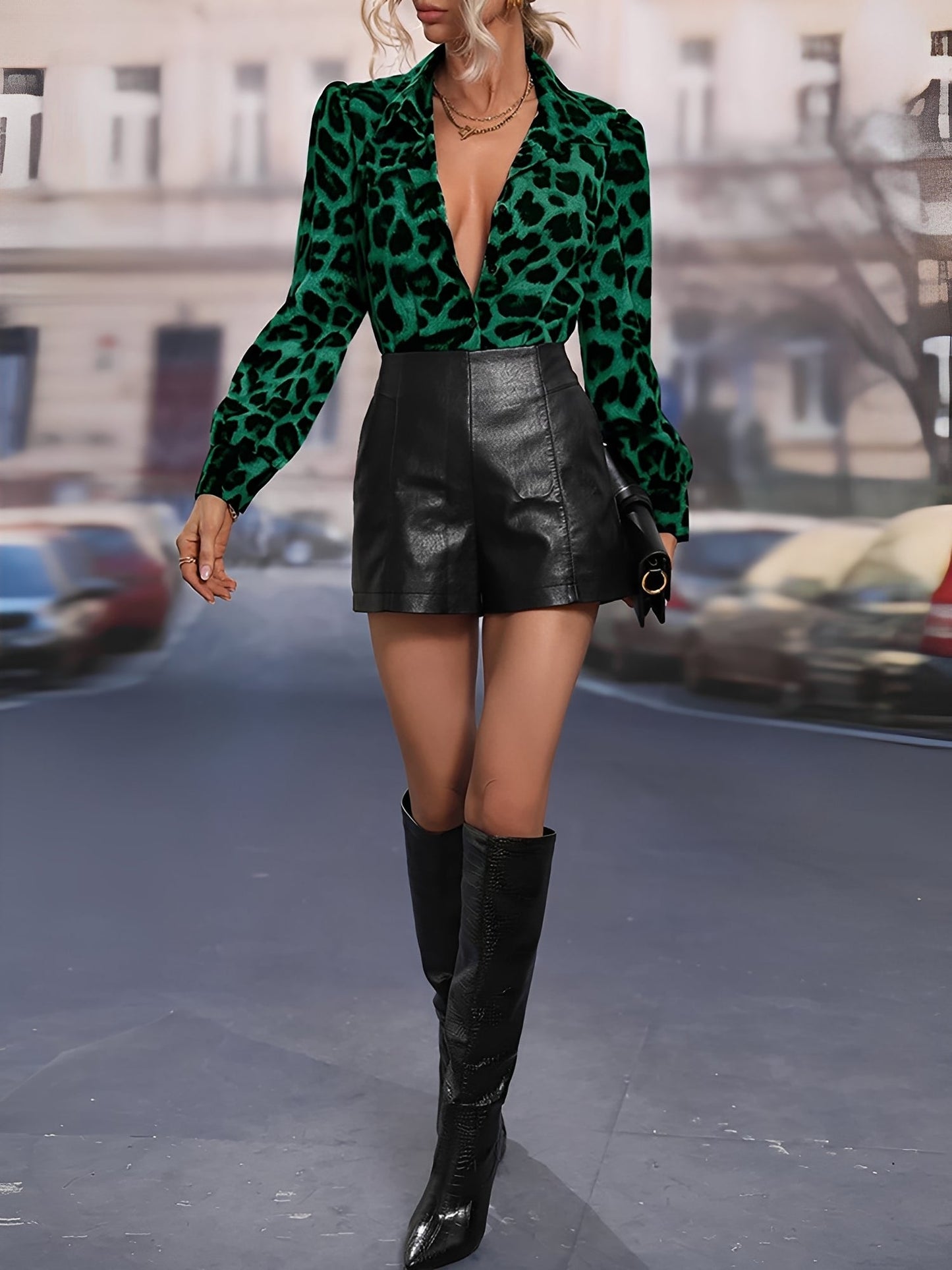 Satin Leopard Print Long Sleeve Button Down Shirt