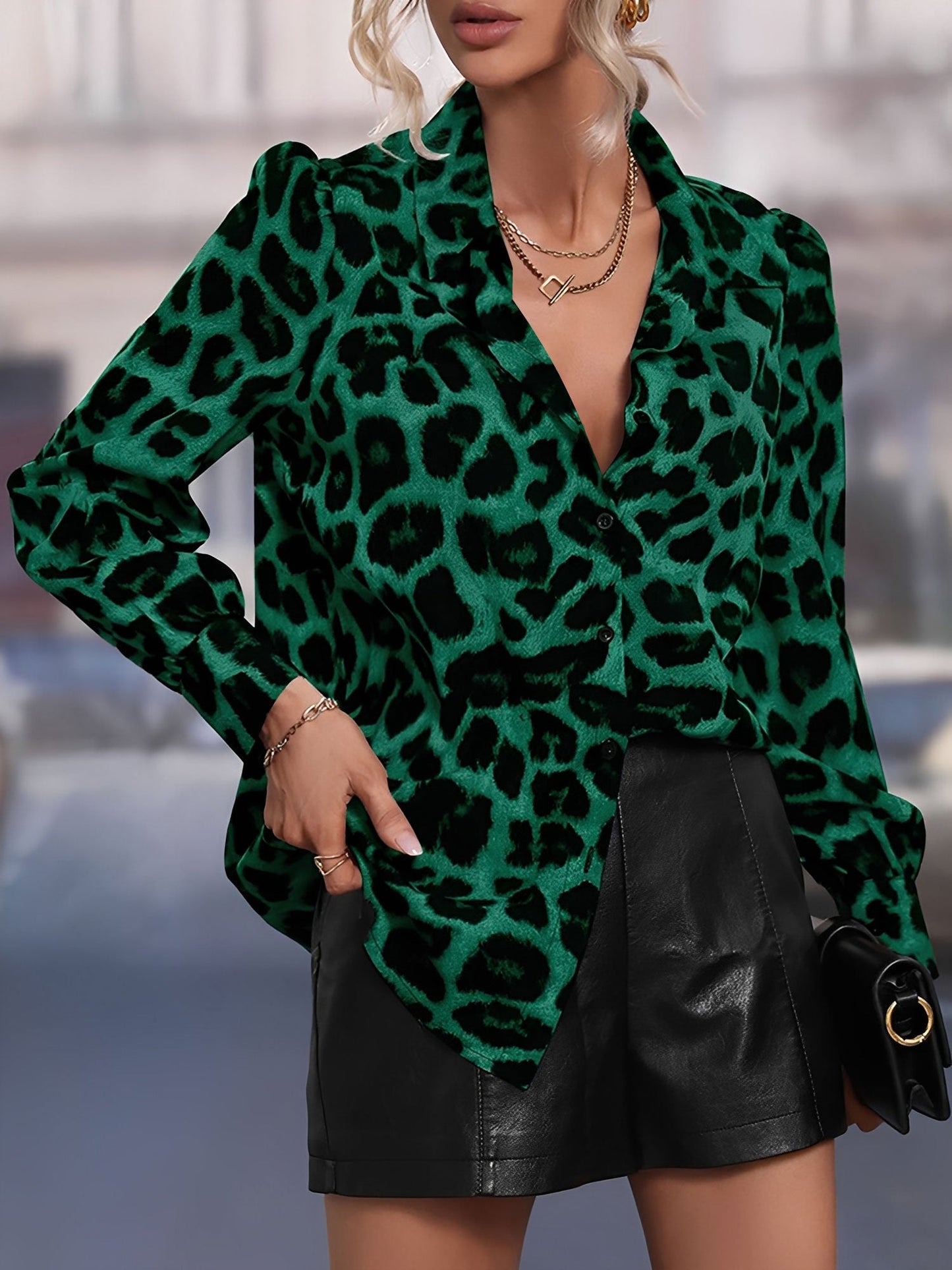 Satin Leopard Print Long Sleeve Button Down Shirt