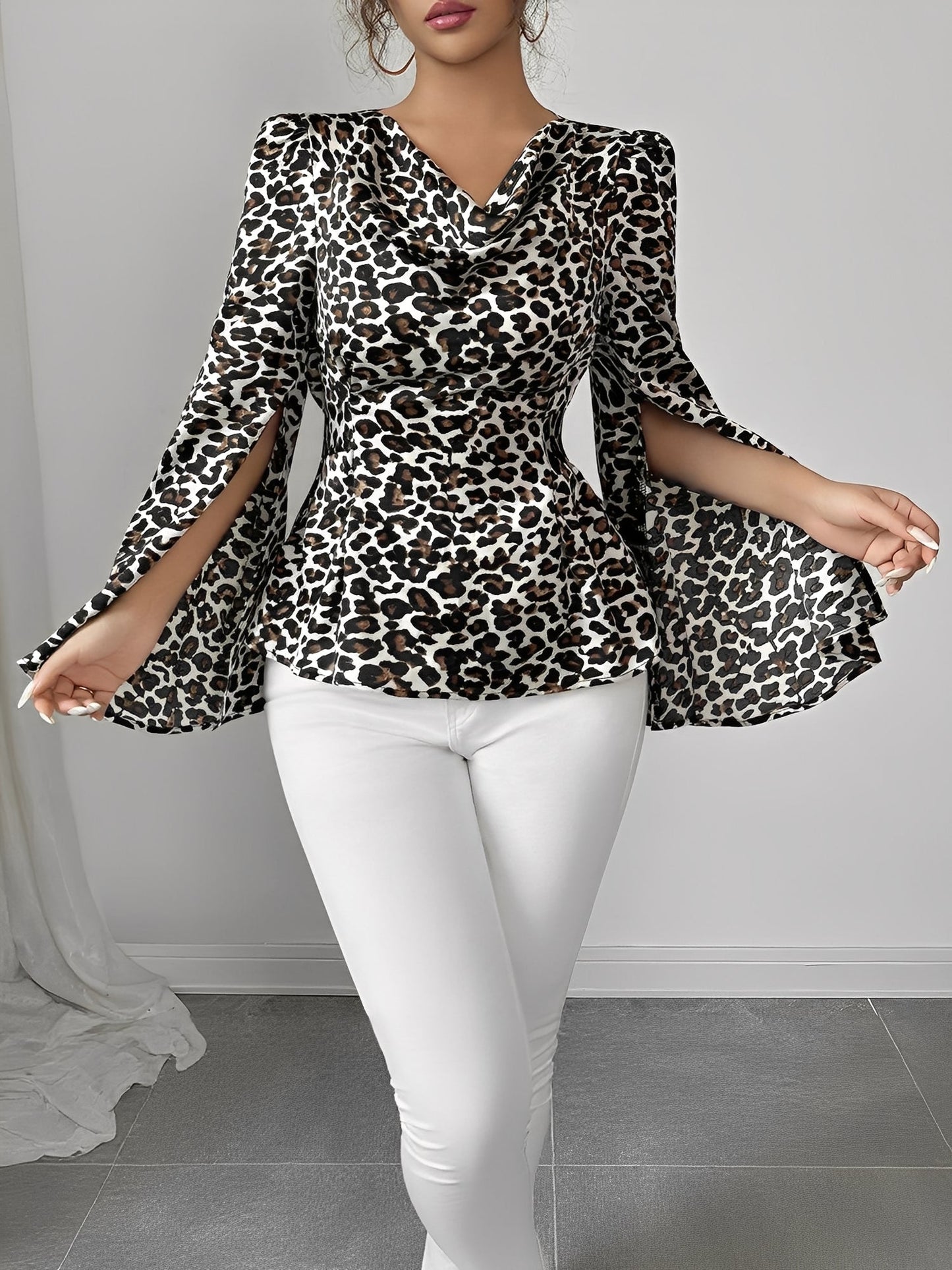 Cowl Neck Leopard Print Split Long Sleeve Blouse
