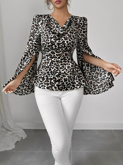 Cowl Neck Leopard Print Split Long Sleeve Blouse
