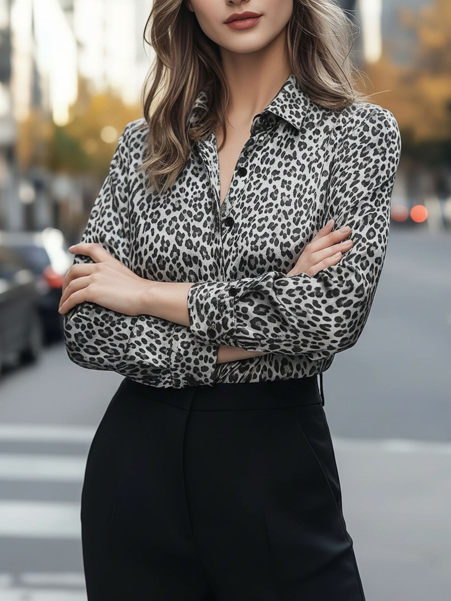 Leopard Print Button Down Long Sleeve Shirt