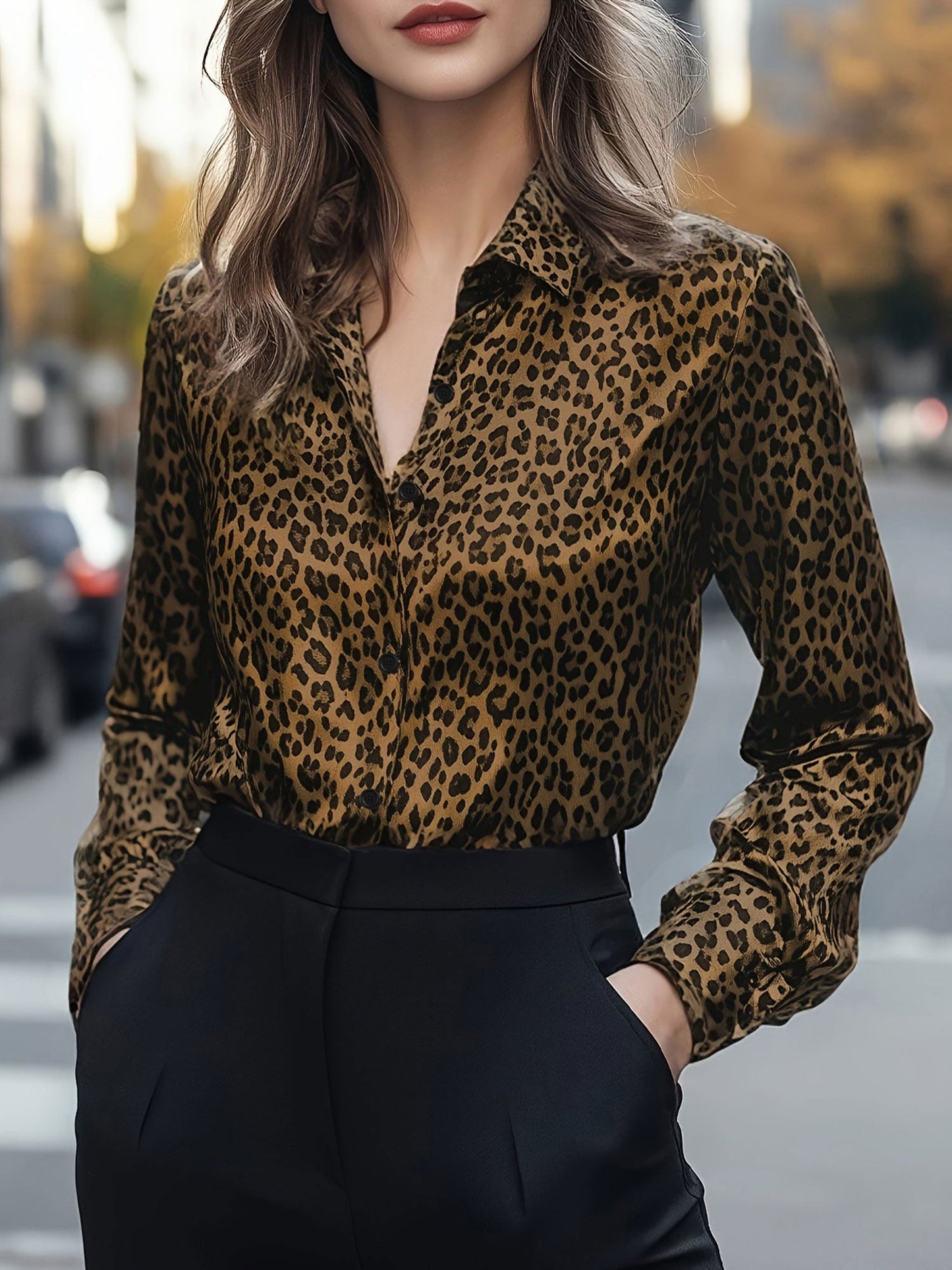 Leopard Print Button Down Long Sleeve Shirt