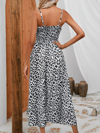 Leopard Print Spaghetti Strap Smocked Midi Dress