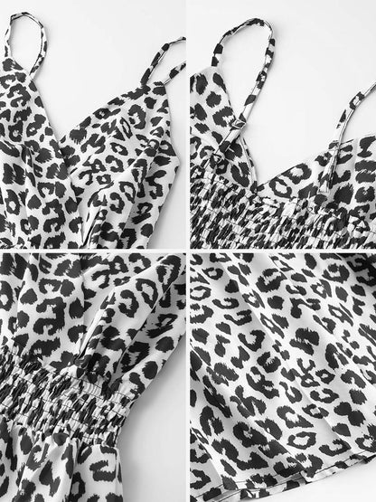 Leopard Print Spaghetti Strap Smocked Midi Dress
