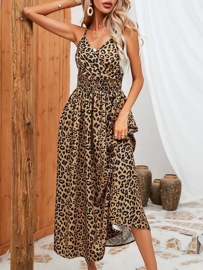Leopard Print Spaghetti Strap Smocked Midi Dress