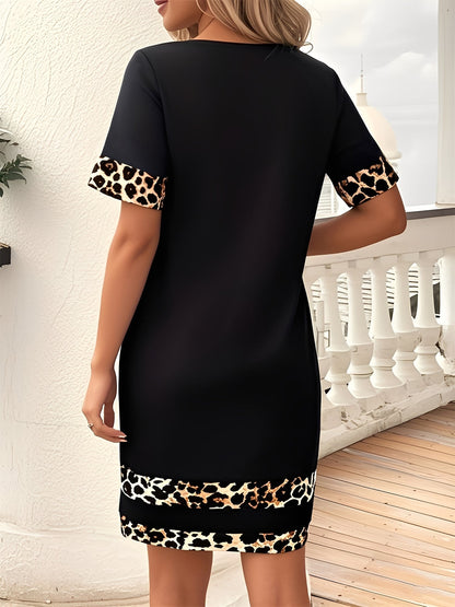 Leopard Print Patchwork Boat Neck Short Sleeve T-Shirt Dress