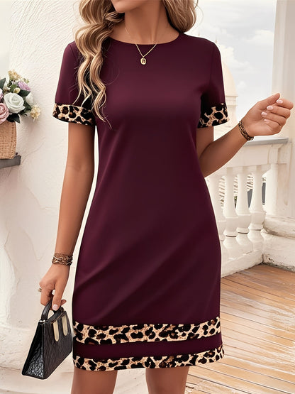 Leopard Print Patchwork Boat Neck Short Sleeve T-Shirt Dress