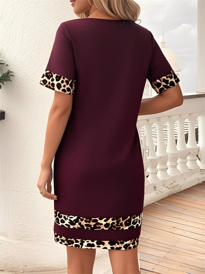Leopard Print Patchwork Boat Neck Short Sleeve T-Shirt Dress