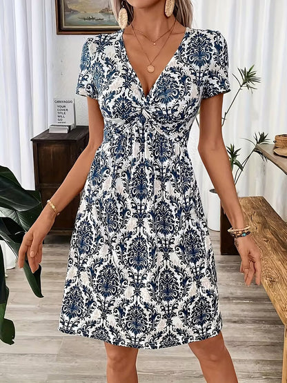 Short Sleeve V Neck Ruched Leopard Dress