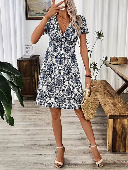 Short Sleeve V Neck Ruched Leopard Dress
