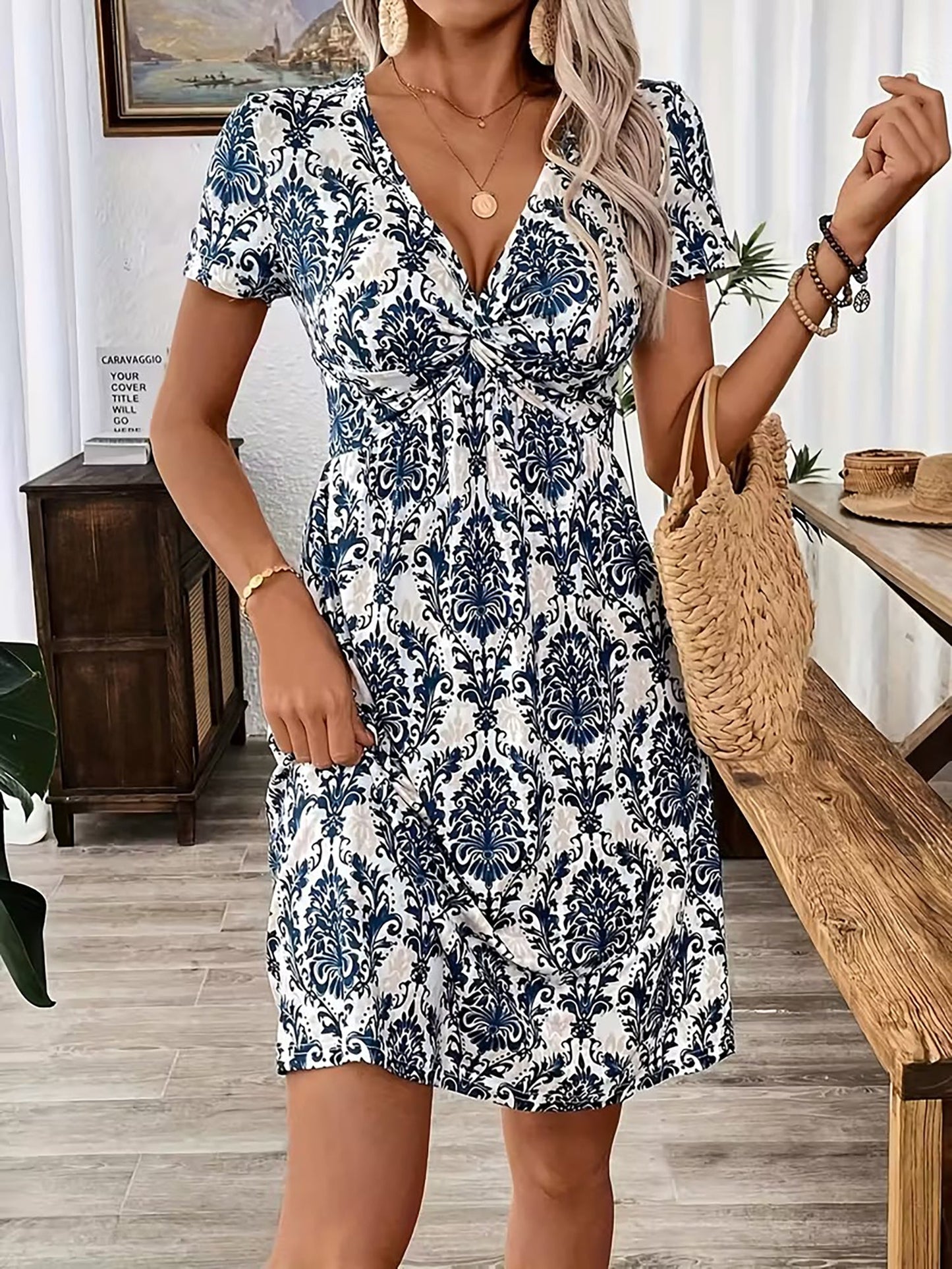 Short Sleeve V Neck Ruched Leopard Dress