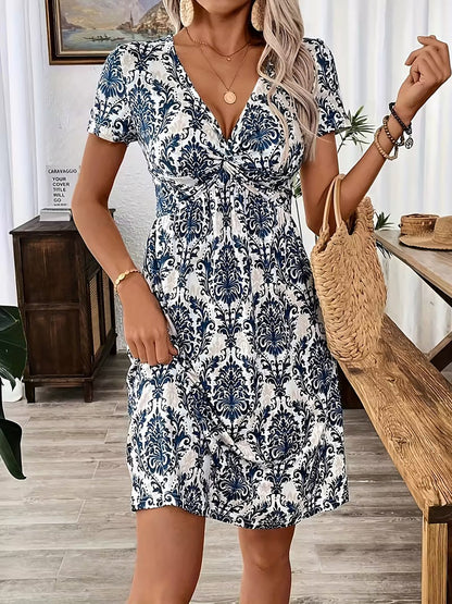 Short Sleeve V Neck Ruched Leopard Dress