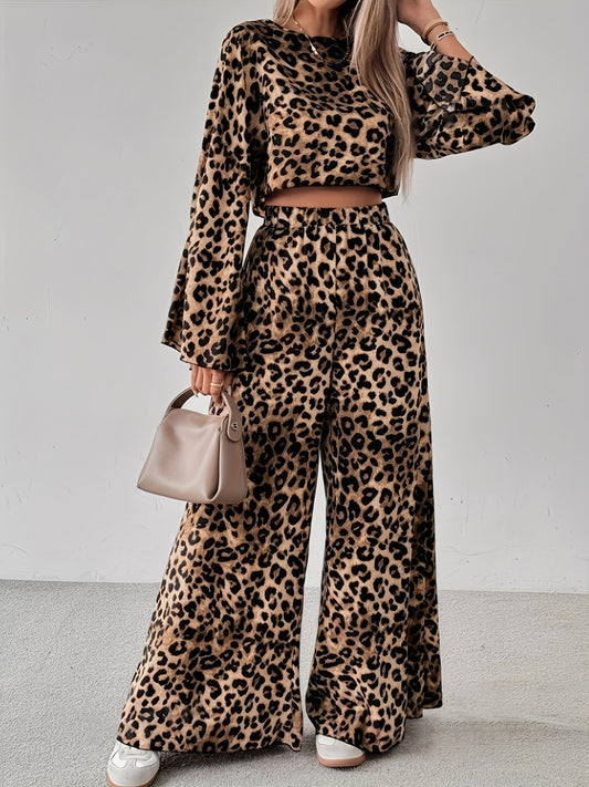 2 Pieces Leopard Print Bell Sleeve Copped Tops & Wide Legs Pants Matching Set