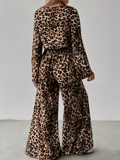 2 Pieces Leopard Print Bell Sleeve Copped Tops & Wide Legs Pants Matching Set