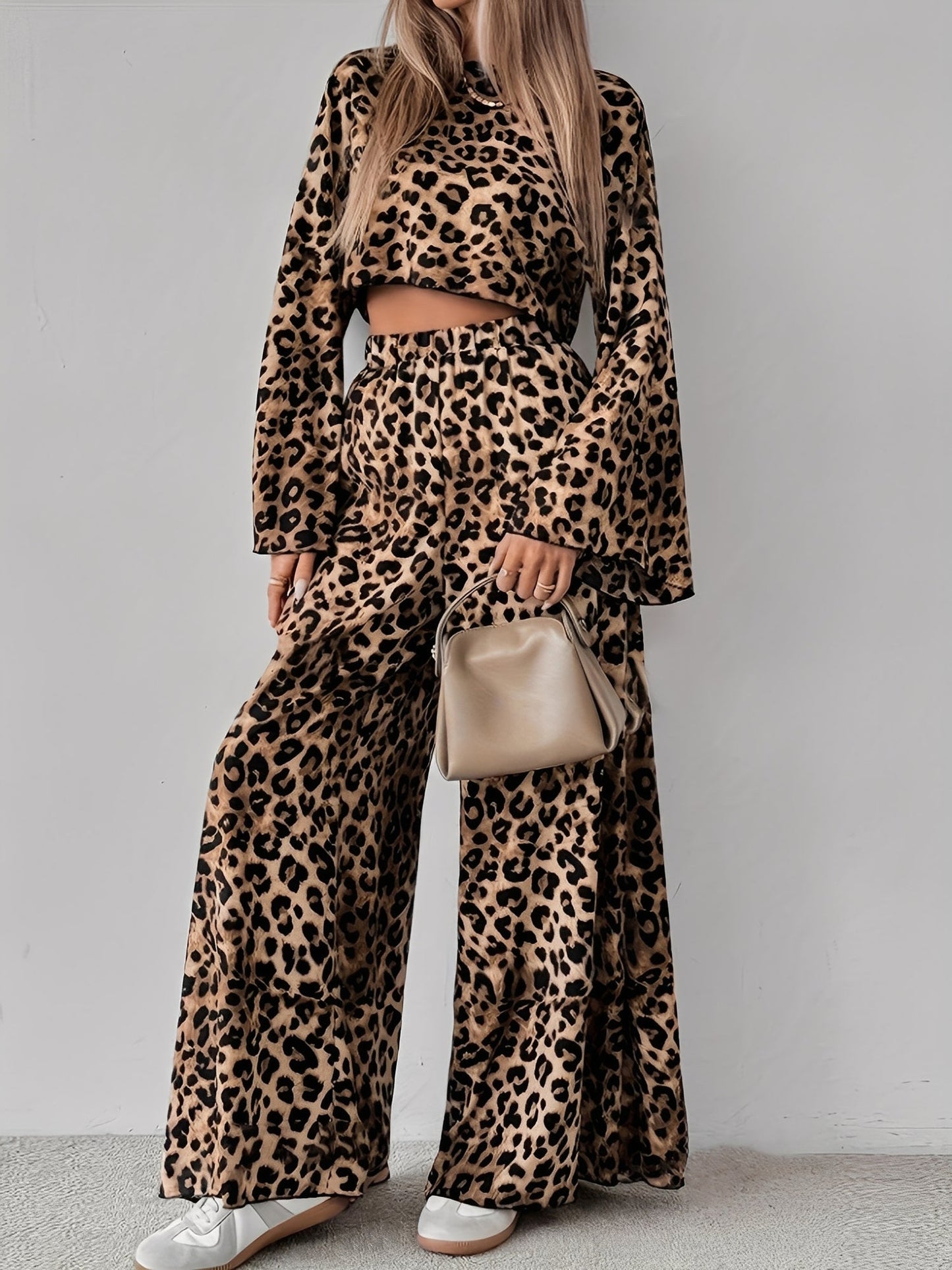 2 Pieces Leopard Print Bell Sleeve Copped Tops & Wide Legs Pants Matching Set