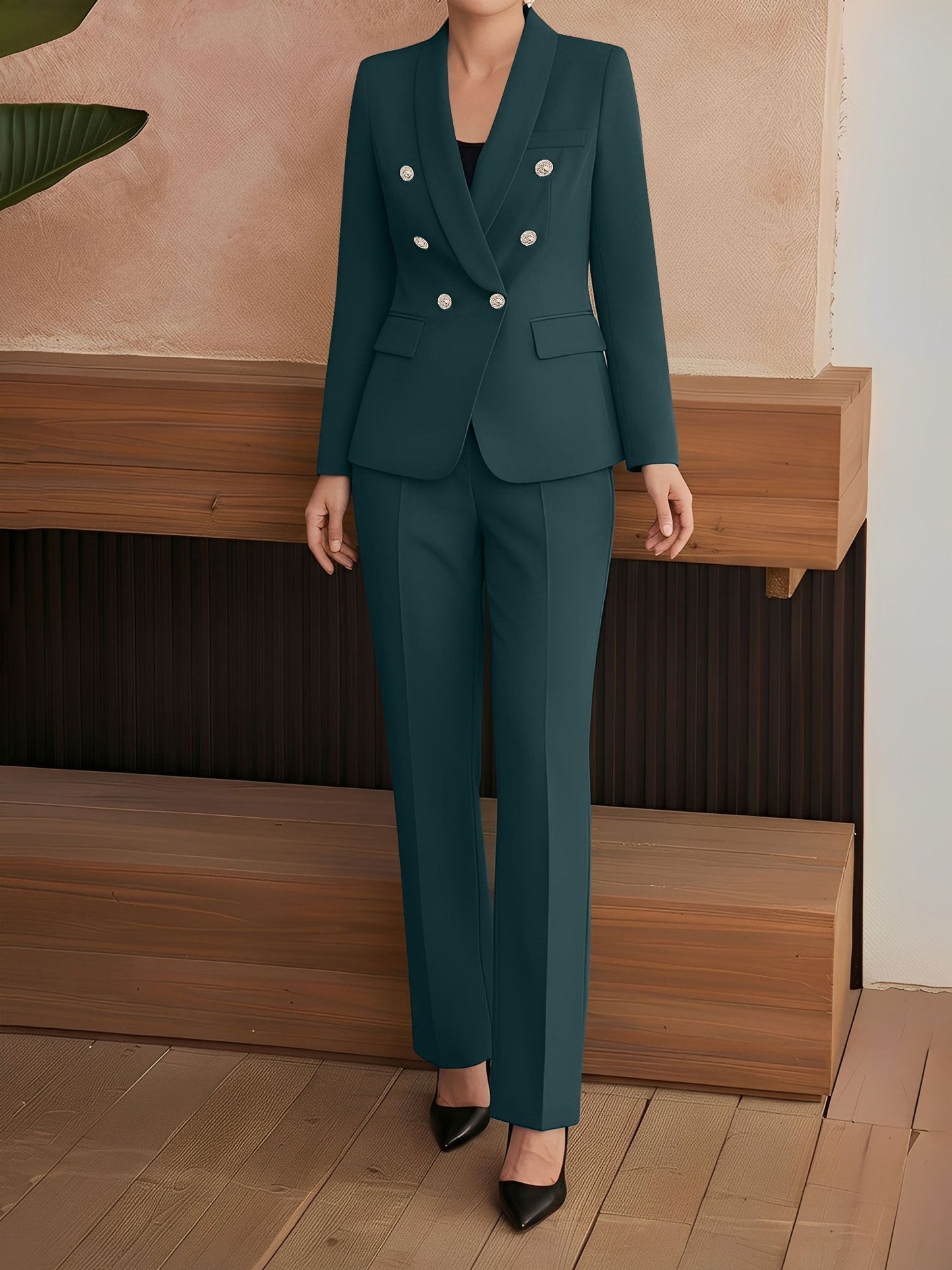 2 Pieces Shawl Collar Double Breasted Blazer & Straight Legs Trousers Pants Suit Set