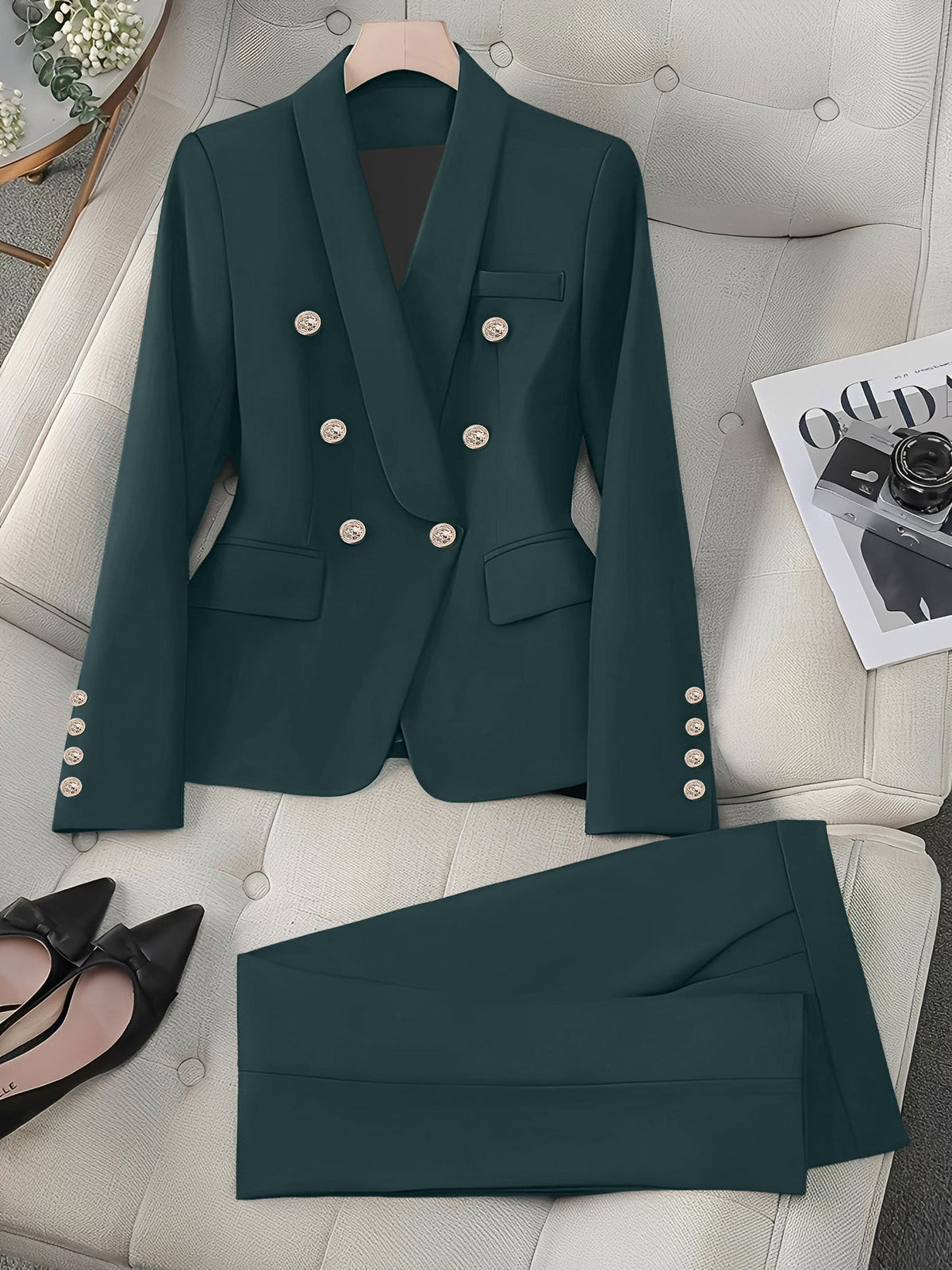 2 Pieces Shawl Collar Double Breasted Blazer & Straight Legs Trousers Pants Suit Set