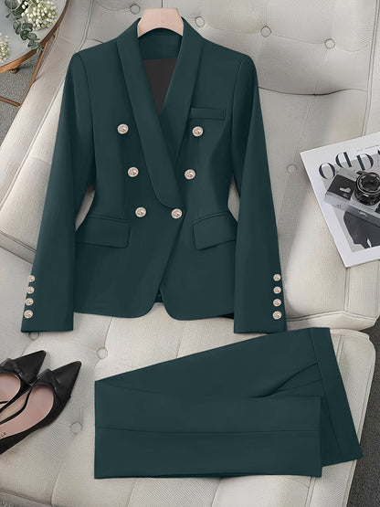 2 Pieces Shawl Collar Double Breasted Blazer & Straight Legs Trousers Pants Suit Set