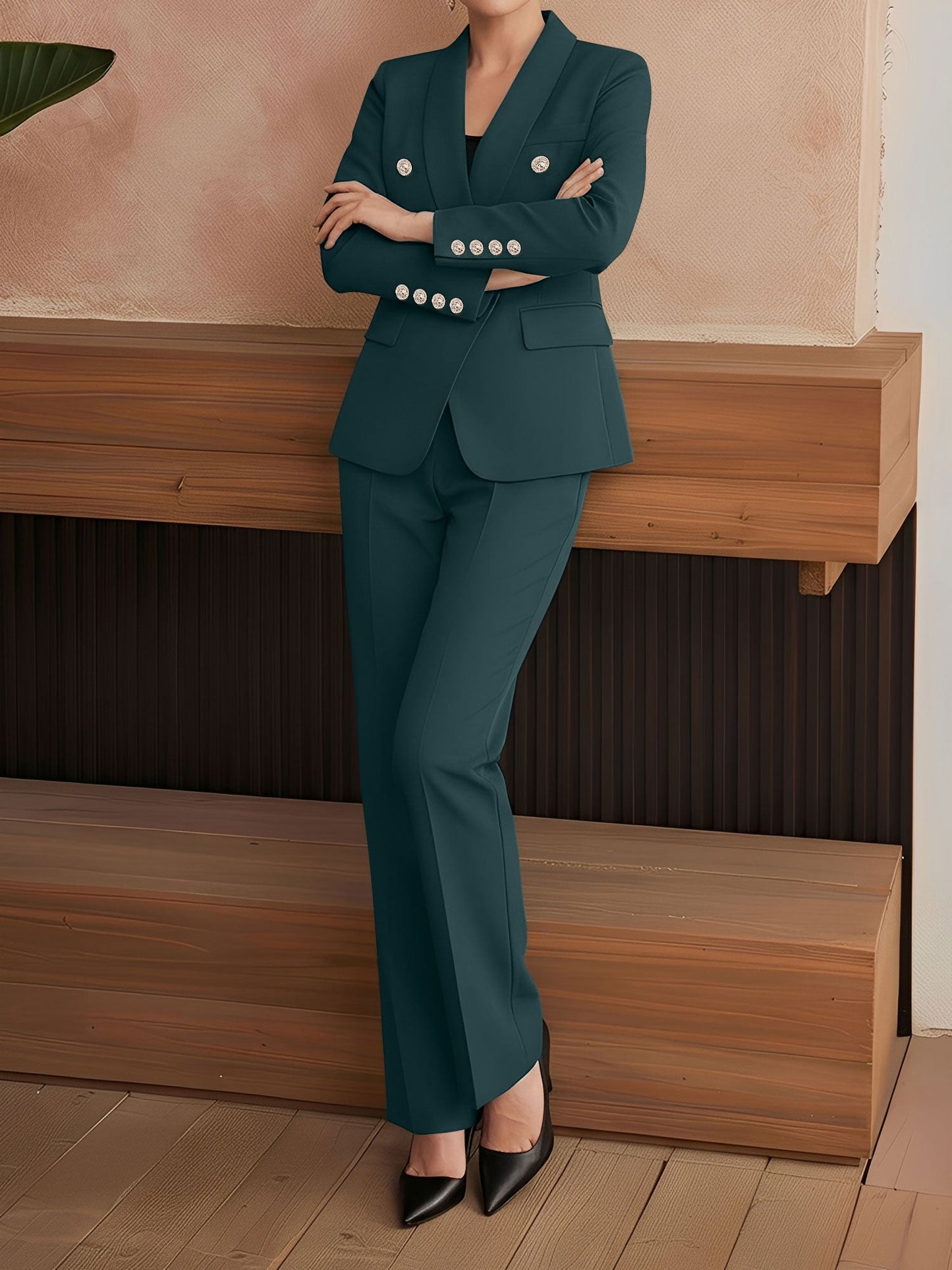 2 Pieces Shawl Collar Double Breasted Blazer & Straight Legs Trousers Pants Suit Set